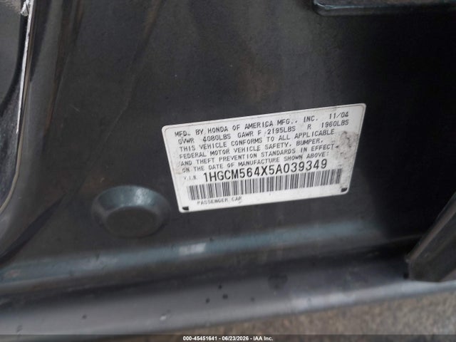 Auction sale of the 2005 Honda Accord 2.4 Lx, vin: 1HGCM564X5A039349, lot number: 45451641