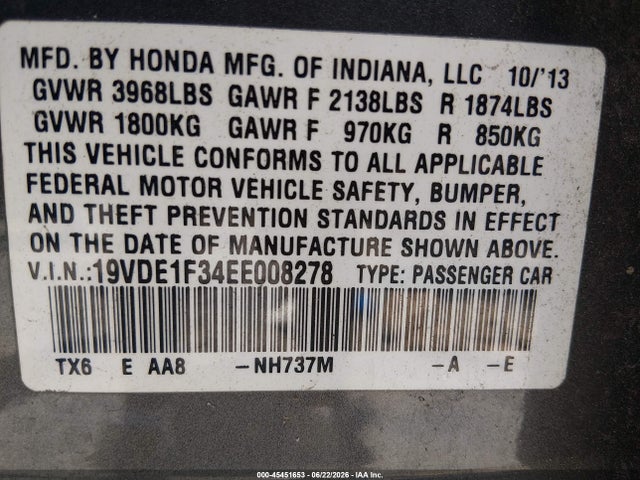 45451653 :رقم المزاد ، 19VDE1F34EE008278 vin ، 2014 Acura Ilx 2.0l مزاد بيع