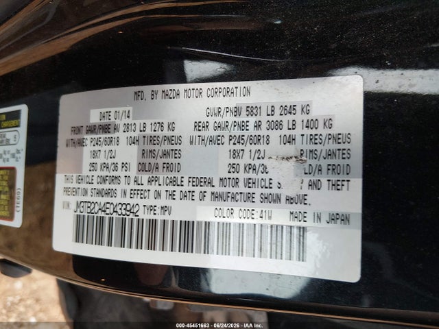 45451663 :رقم المزاد ، JM3TB2CA4E0433942 vin ، 2014 Mazda Cx-9 Touring مزاد بيع