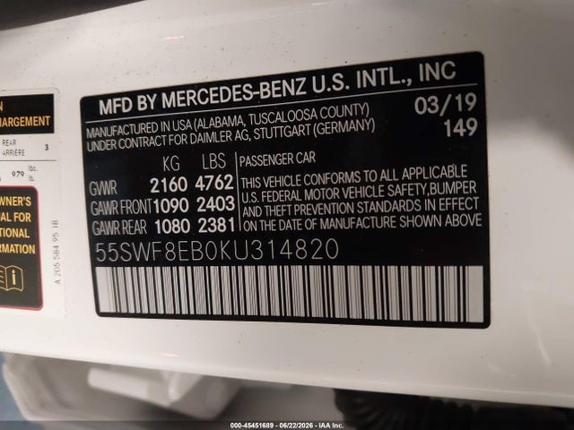 45451689 :رقم المزاد ، 55SWF8EB0KU314820 vin ، 2019 Mercedes-benz C 300 4matic مزاد بيع