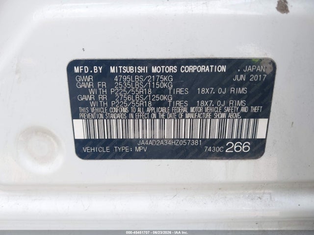 Aukcja sprzedaży 2017 Mitsubishi Outlander Es, vin: JA4AD2A34HZ057381, numer aukcji: 45451707