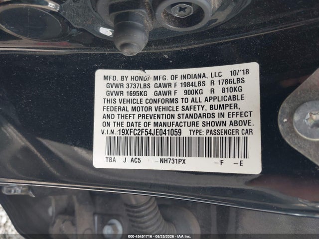2018 Honda Civic Lx მანქანა იყიდება აუქციონზე, vin: 19XFC2F54JE041059, აუქციონის ნომერი: 45451716