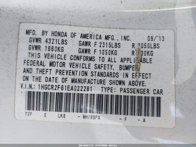 1HGCR2F81EA022281 Honda Accord Ex-l