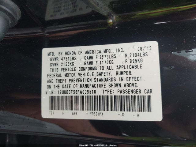 45451728 :رقم المزاد ، 19UUB3F56FA009516 vin ، 2015 Acura Tlx Tech مزاد بيع
