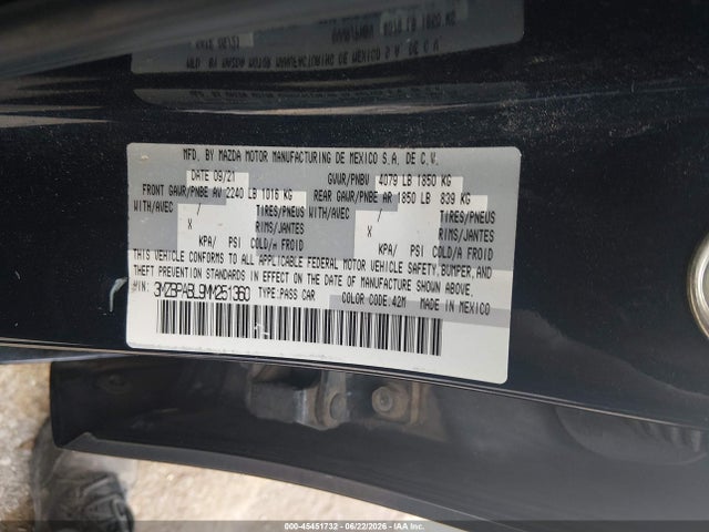 2021 Mazda Mazda3 Select მანქანა იყიდება აუქციონზე, vin: 3MZBPABL9MM251360, აუქციონის ნომერი: 45451732