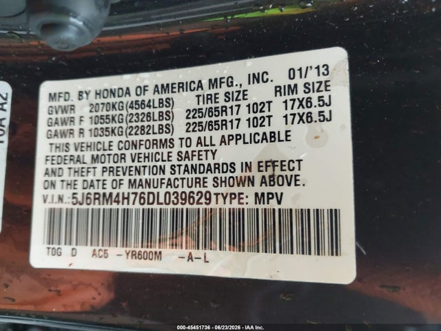 2013 Honda Cr-v Ex-l მანქანა იყიდება აუქციონზე, vin: 5J6RM4H76DL039629, აუქციონის ნომერი: 45451736