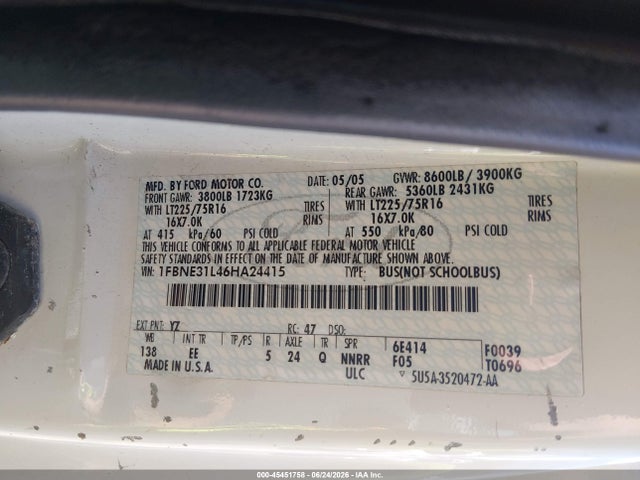 Продажа на аукционе авто 2006 Ford E-350 Super Duty Chateau/xl/xlt, vin: 1FBNE31L46HA24415, номер лота: 45451758