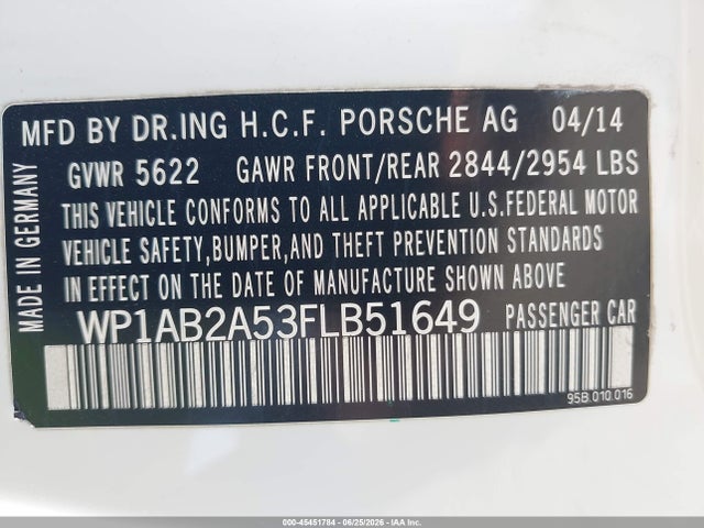 45451784 :رقم المزاد ، WP1AB2A53FLB51649 vin ، 2015 Porsche Macan S مزاد بيع