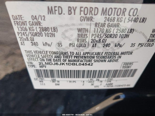 Продаж на аукціоні авто 2013 Lincoln Mkx, vin: 2LMDJ6JK1DBL04542, номер лоту: 45451791