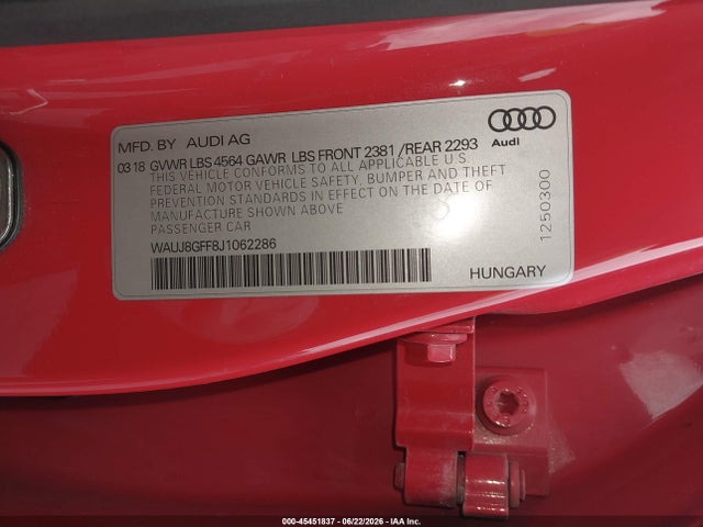 Aukcja sprzedaży 2018 Audi A3 2.0t Premium/2.0t Tech Premium, vin: WAUJ8GFF8J1062286, numer aukcji: 45451837
