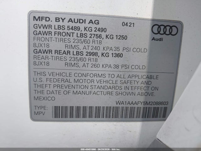 Продажа на аукционе авто 2021 Audi Q5 Premium 45 Tfsi Quattro S Tronic, vin: WA1AAAFY5M2088603, номер лота: 45451866