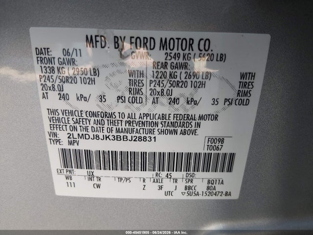 Продаж на аукціоні авто 2011 Lincoln Mkx, vin: 2LMDJ8JK3BBJ28831, номер лоту: 45451905