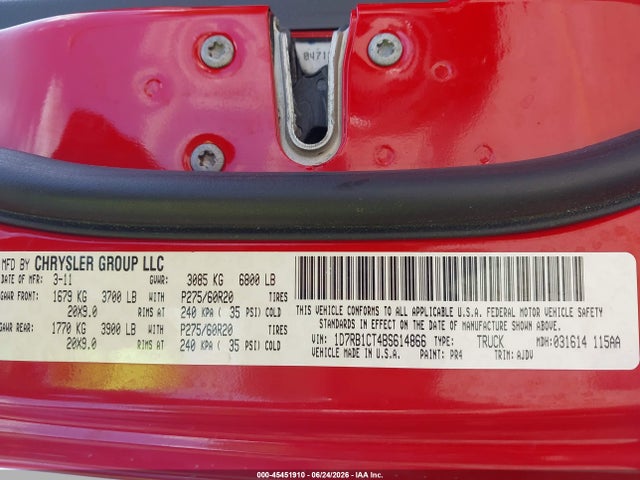 Aukcja sprzedaży 2011 Ram Ram 1500 Sport, vin: 1D7RB1CT4BS614866, numer aukcji: 45451910