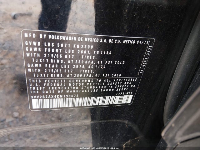 Auction sale of the 2019 Volkswagen Tiguan 2.0t Se/2.0t Sel/2.0t Sel R-line/2.0t Sel R-line Black, vin: 3VV2B7AX4KM136673, lot number: 45451920