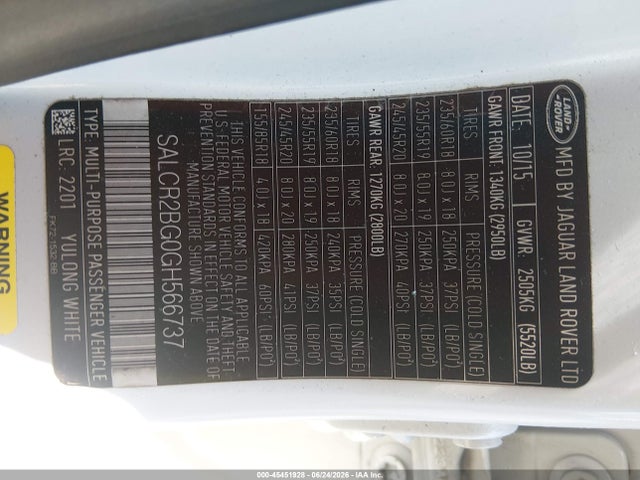 45451928 :رقم المزاد ، SALCR2BG0GH566737 vin ، 2016 Land Rover Discovery Sport Hse مزاد بيع