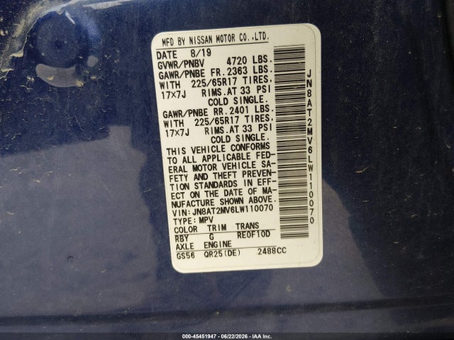 45451947 :رقم المزاد ، JN8AT2MV6LW110070 vin ، 2020 Nissan Rogue Sv Intelligent Awd مزاد بيع