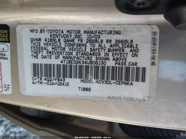 Aukcja sprzedaży 2004 Toyota Camry Le, vin: 4T1BE32K34U806130, numer aukcji: 45451948