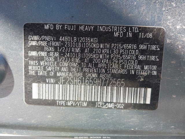 45451953 :رقم المزاد ، JF2SH61659H772565 vin ، 2009 Subaru Forester 2.5x مزاد بيع
