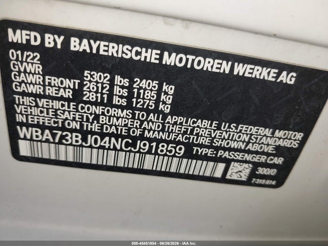 2022 Bmw 540 I Xdrive მანქანა იყიდება აუქციონზე, vin: WBA73BJ04NCJ91859, აუქციონის ნომერი: 45451954