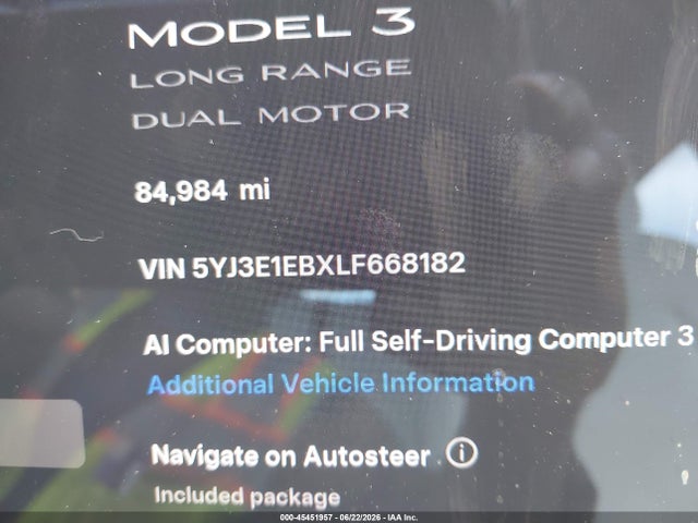 Продажа на аукционе авто 2020 Tesla Model 3 Long Range Dual Motor All-wheel Drive, vin: 5YJ3E1EBXLF668182, номер лота: 45451957