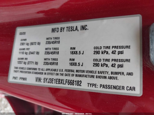 Продажа на аукционе авто 2020 Tesla Model 3 Long Range Dual Motor All-wheel Drive, vin: 5YJ3E1EBXLF668182, номер лота: 45451957