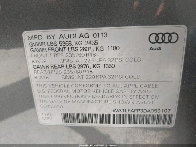 45451981 :رقم المزاد ، WA1LFAFP3DA059107 vin ، 2013 Audi Q5 2.0t Premium مزاد بيع