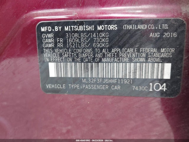 Продаж на аукціоні авто 2017 Mitsubishi Mirage G4 Es, vin: ML32F3FJ6HHF11921, номер лоту: 45451992