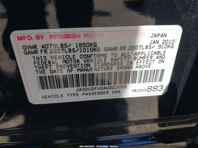 Aukcja sprzedaży 2010 Mitsubishi Lancer Es, vin: JA32U2FU2AU023856, numer aukcji: 45452002