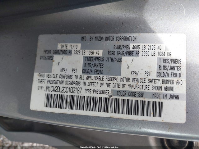 45452008 :رقم المزاد ، JM1CW2DL2C0102187 vin ، 2012 Mazda Mazda5 Grand Touring مزاد بيع