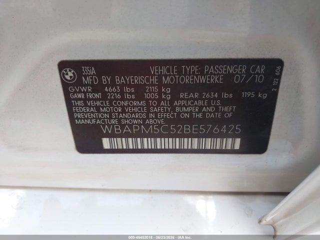 2011 Bmw 335i მანქანა იყიდება აუქციონზე, vin: WBAPM5C52BE576425, აუქციონის ნომერი: 45452018