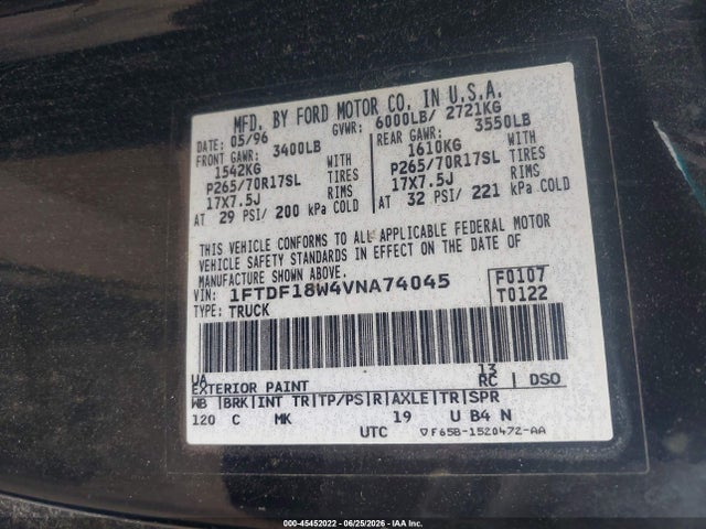 Aukcja sprzedaży 1997 Ford F-150 Standard Lariat/standard/xl/xlt, vin: 1FTDF18W4VNA74045, numer aukcji: 45452022