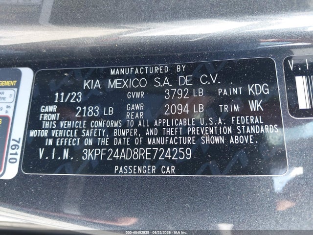 Aukcja sprzedaży 2024 Kia Forte Lxs, vin: 3KPF24AD8RE724259, numer aukcji: 45452038