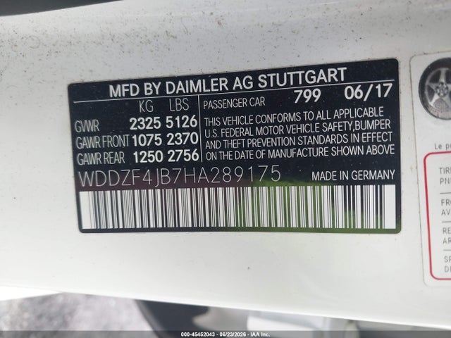 Продаж на аукціоні авто 2017 Mercedes-benz E 300, vin: WDDZF4JB7HA289175, номер лоту: 45452043