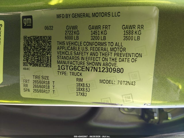 Aukcja sprzedaży 2022 Gmc Canyon 4wd  Short Box Elevation, vin: 1GTG6CEN7N1230980, numer aukcji: 45452087