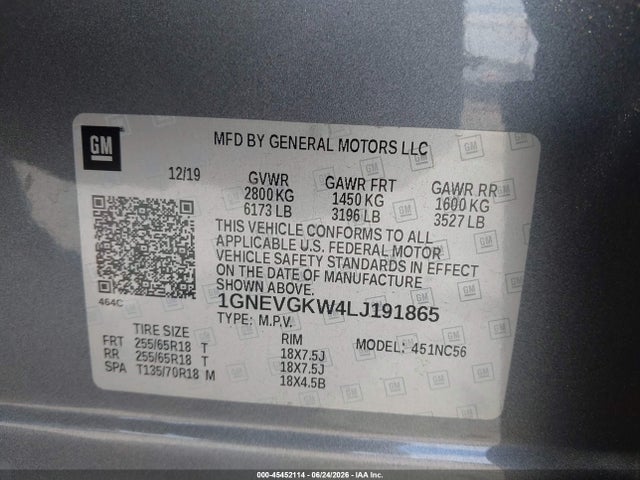 45452114 :رقم المزاد ، 1GNEVGKW4LJ191865 vin ، 2020 Chevrolet Traverse Awd Lt Cloth مزاد بيع