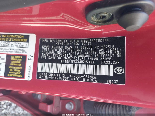 Auction sale of the 2012 Toyota Camry Se, vin: 4T1BF1FK5CU515333, lot number: 45452140