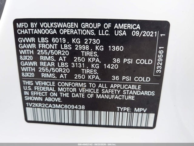 Продаж на аукціоні авто 2021 Volkswagen Atlas 3.6l V6 Se W/technology, vin: 1V2KR2CA3MC609438, номер лоту: 45452142