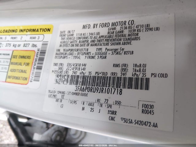 45452153 :رقم المزاد ، 3FA6P0RU9JR101718 vin ، 2018 Ford Fusion Hybrid Platinum/titanium مزاد بيع