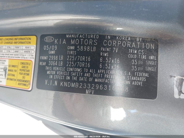 Aukcja sprzedaży 2009 Kia Sedona Lx, vin: KNDMB233296316068, numer aukcji: 45452165