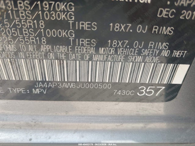 45452179 :رقم المزاد ، JA4AP3AW6JU000500 vin ، 2018 Mitsubishi Outlander Sport 2.4 Se مزاد بيع