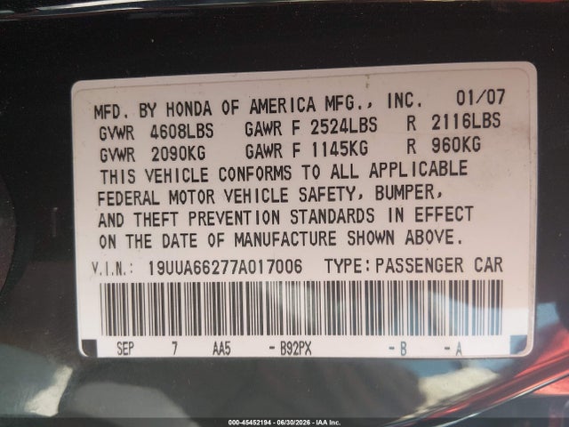 45452194 :رقم المزاد ، 19UUA66277A017006 vin ، 2007 Acura Tl 3.2 مزاد بيع