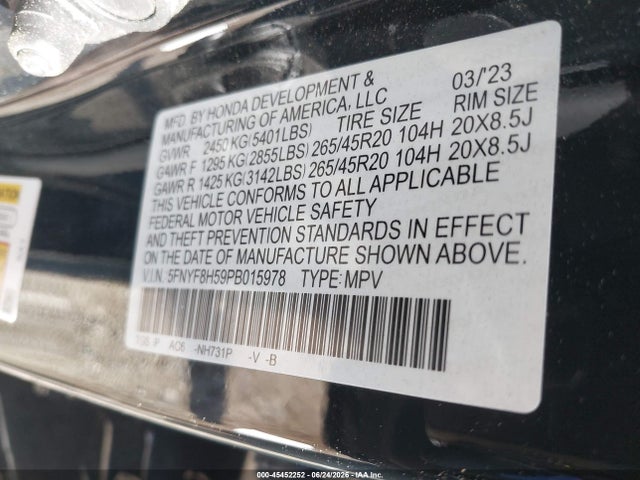 5FNYF8H59PB015978 Honda Passport Awd Ex-l