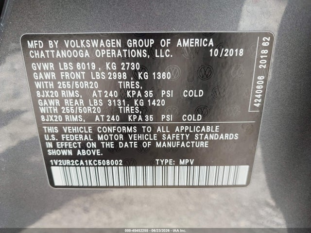 Продажа на аукционе авто 2019 Volkswagen Atlas 3.6l V6 Se W/technology, vin: 1V2UR2CA1KC508002, номер лота: 45452255