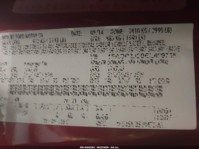 45452263 :رقم المزاد ، 1FADP3J20EL409755 vin ، 2014 Ford Focus Titanium مزاد بيع