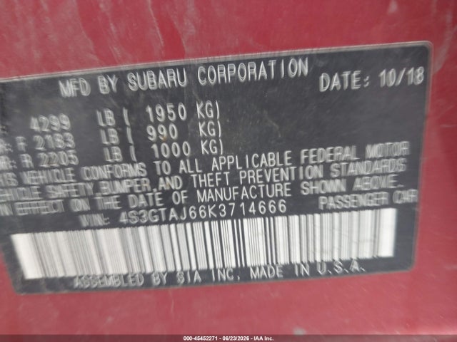 Auction sale of the 2019 Subaru Impreza 2.0i Sport, vin: 4S3GTAJ66K3714666, lot number: 45452271