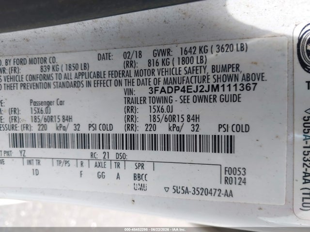 Auction sale of the 2018 Ford Fiesta Se, vin: 3FADP4EJ2JM111367, lot number: 45452295