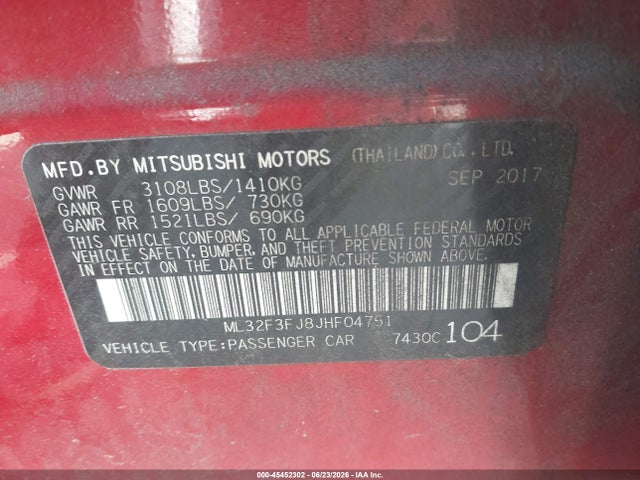 Auction sale of the 2018 Mitsubishi Mirage G4 Es, vin: ML32F3FJ8JHF04751, lot number: 45452302