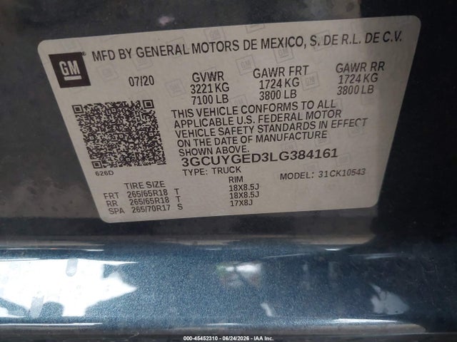 Aukcja sprzedaży 2020 Chevrolet Silverado 1500 4wd  Short Bed Ltz, vin: 3GCUYGED3LG384161, numer aukcji: 45452310
