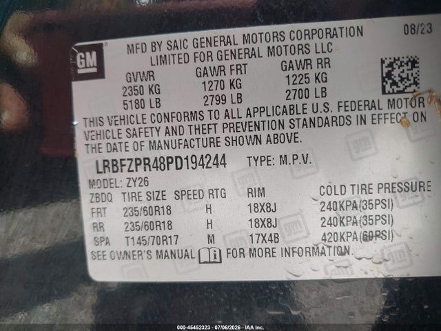45452323 :رقم المزاد ، LRBFZPR48PD194244 vin ، 2023 Buick Envision Essence Awd مزاد بيع
