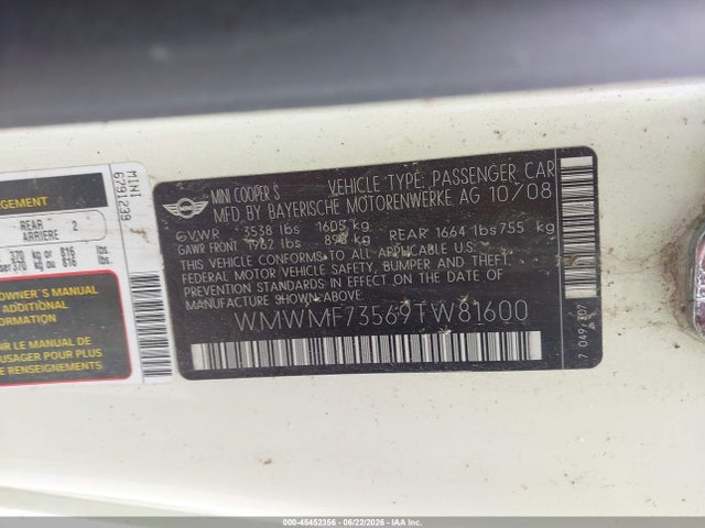 Продаж на аукціоні авто 2009 Mini Cooper S, vin: WMWMF73569TW81600, номер лоту: 45452356